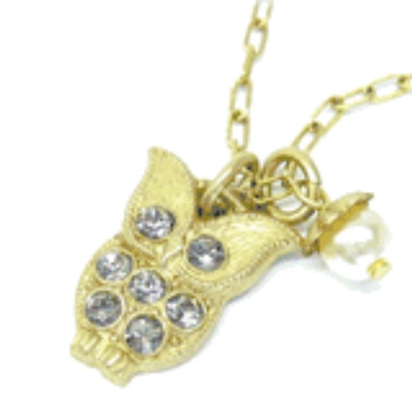 Rare Catherine Popesco Gold Owl with Crystals Necklace and Pearl Charm Dangle - Picture 3 of 6